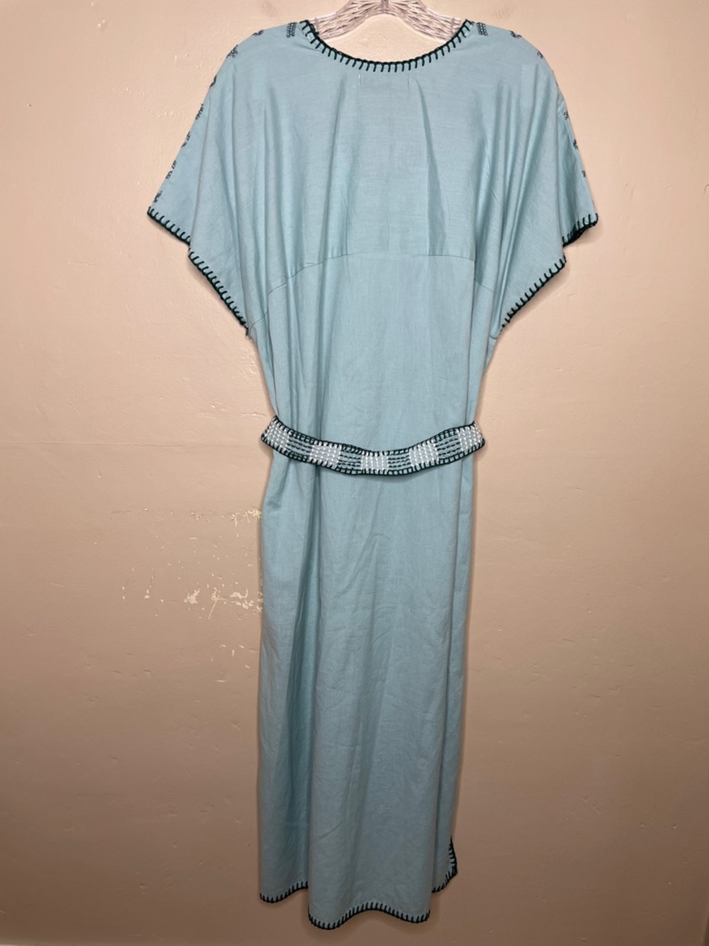 ZARA Blue Green Bloggers Fav Embroidered Linen Caftan Tunic Belted Dress NWT Lg - Picture 3 of 16